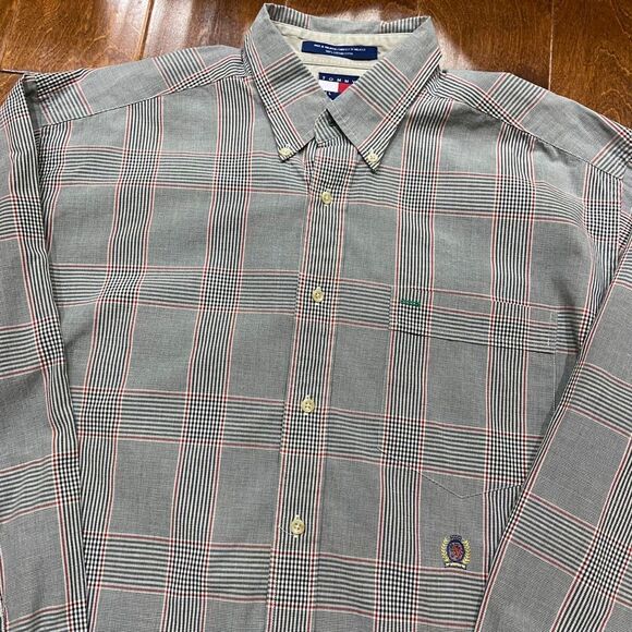 Tommy Hilfiger Vintage Y2K Button Front Grey Red Cotton Shirt Men's Size Large - Picture 2 of 10